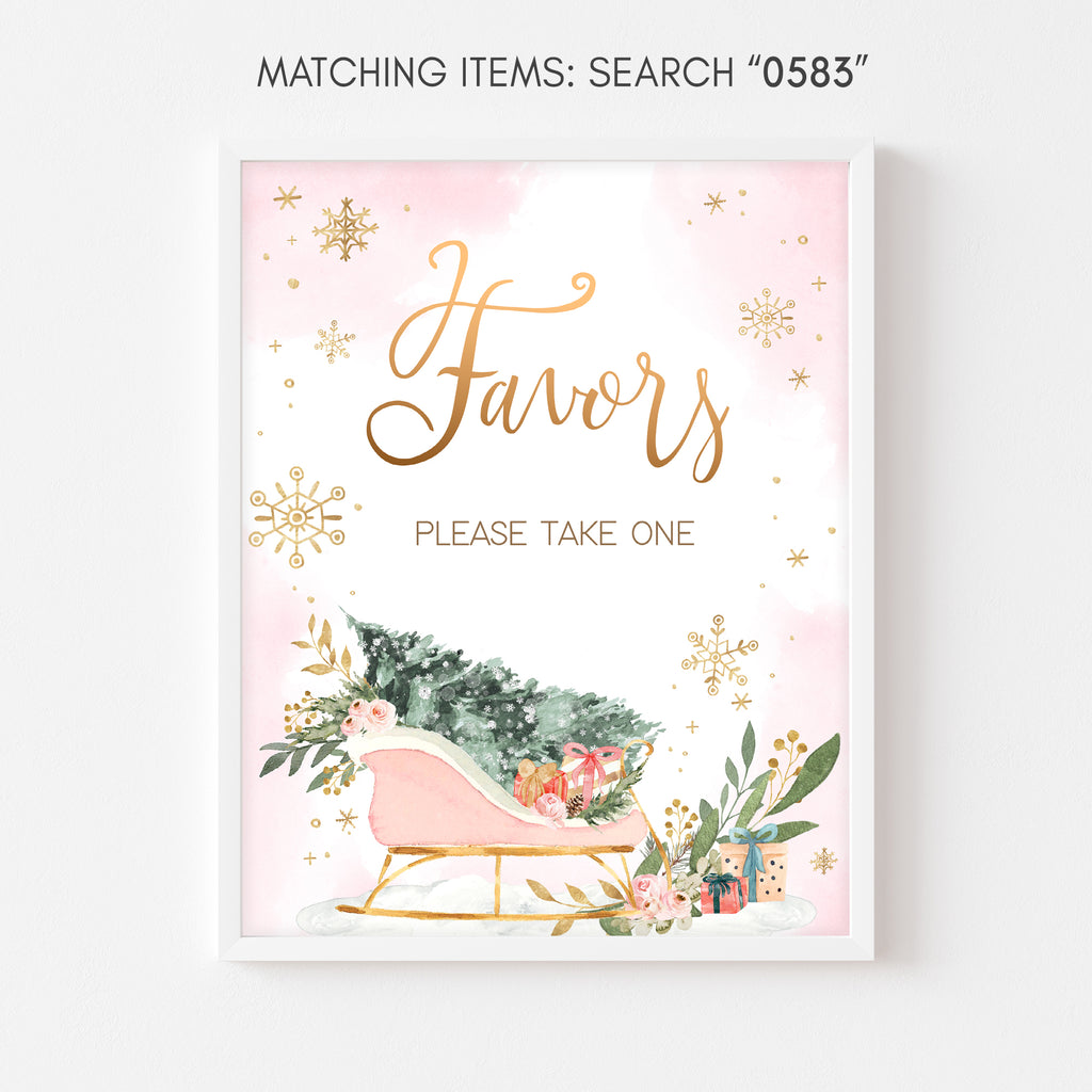 Pink winter baby shower favors sign with snowflakes, perfect for girl celebration