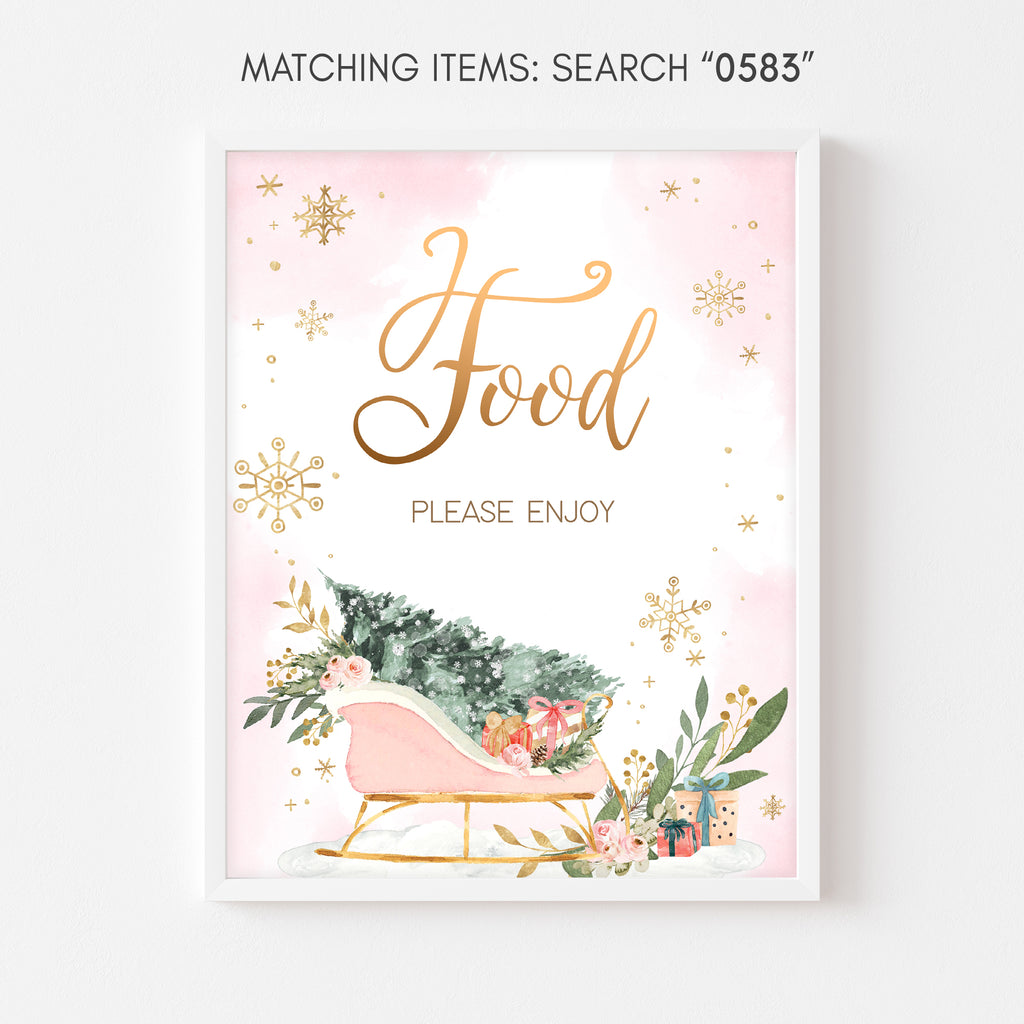 Winter baby shower food sign in pink snowflake design for girl’s celebration