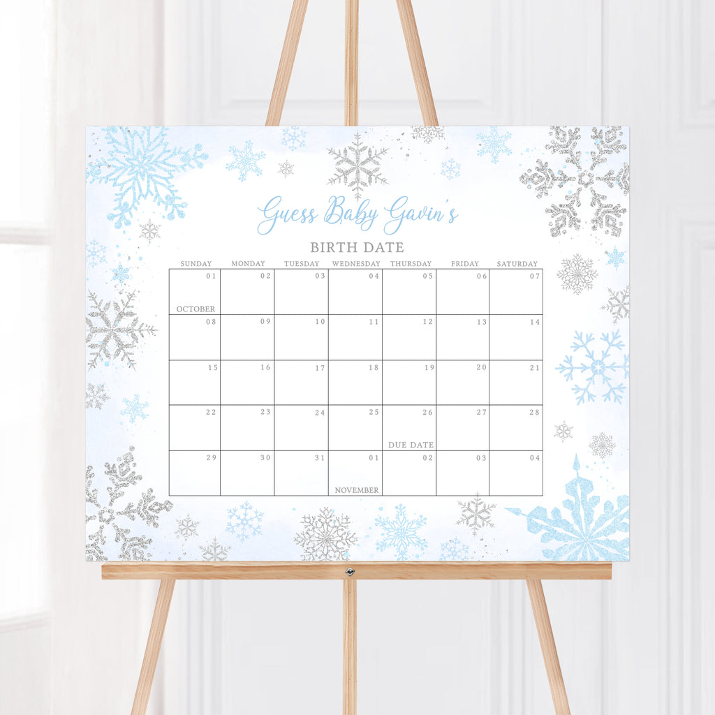 Blue Snowflake Baby Shower Due Date Calendar