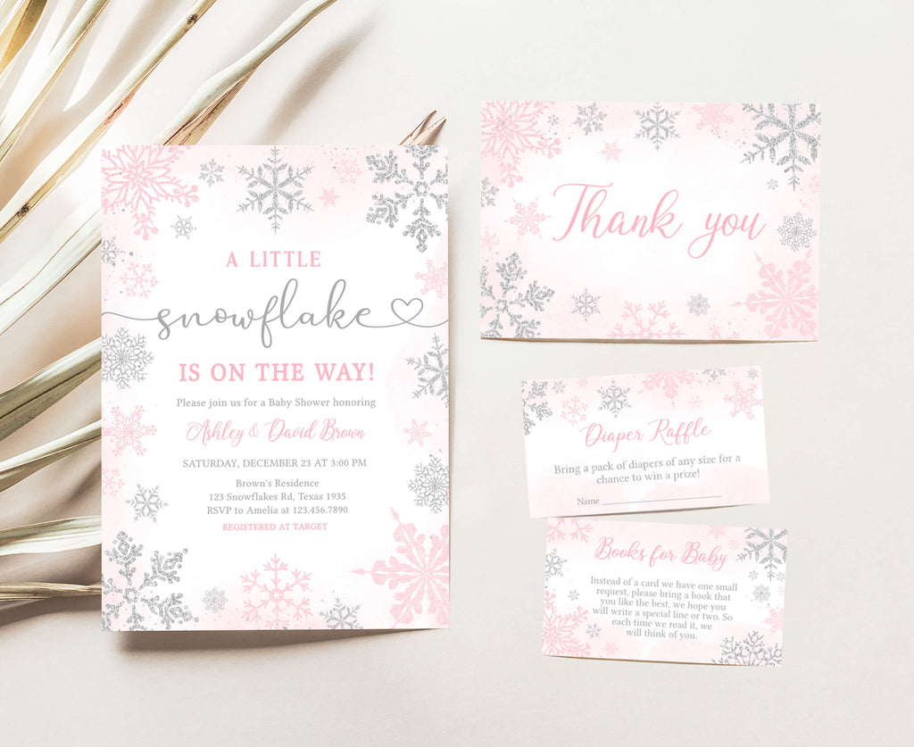 Pink Snowflake Baby Shower Invitation Set