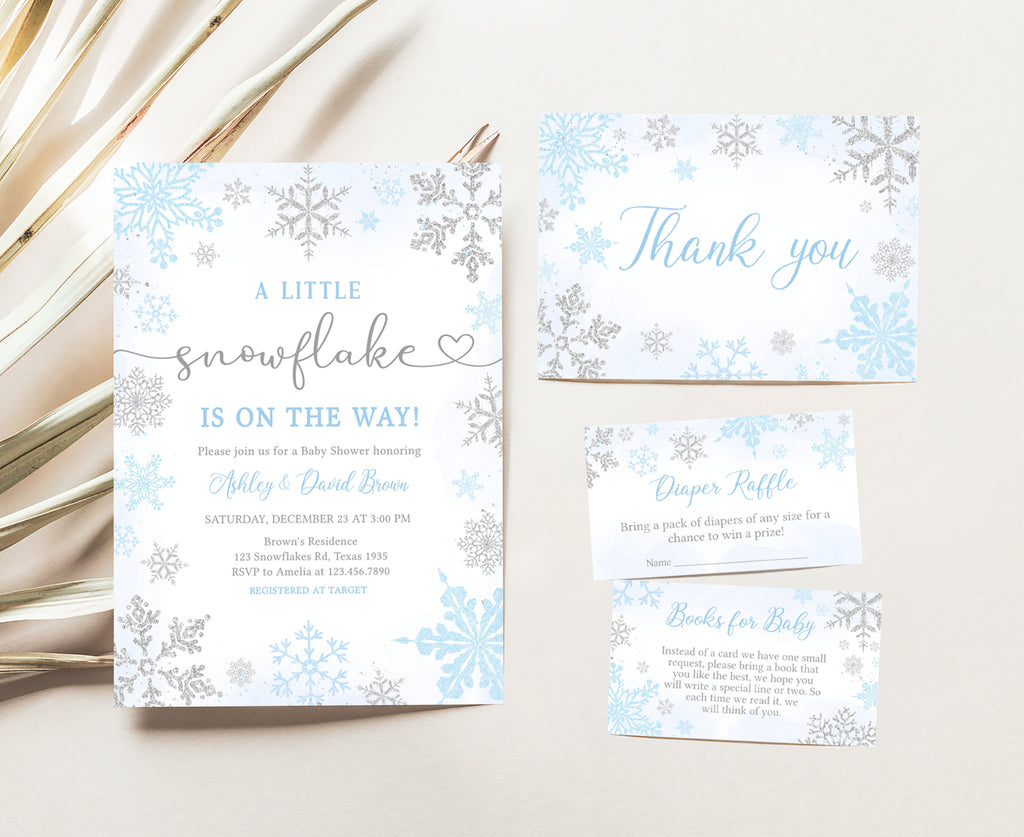 Blue Snowflake Baby Shower Invitation Set