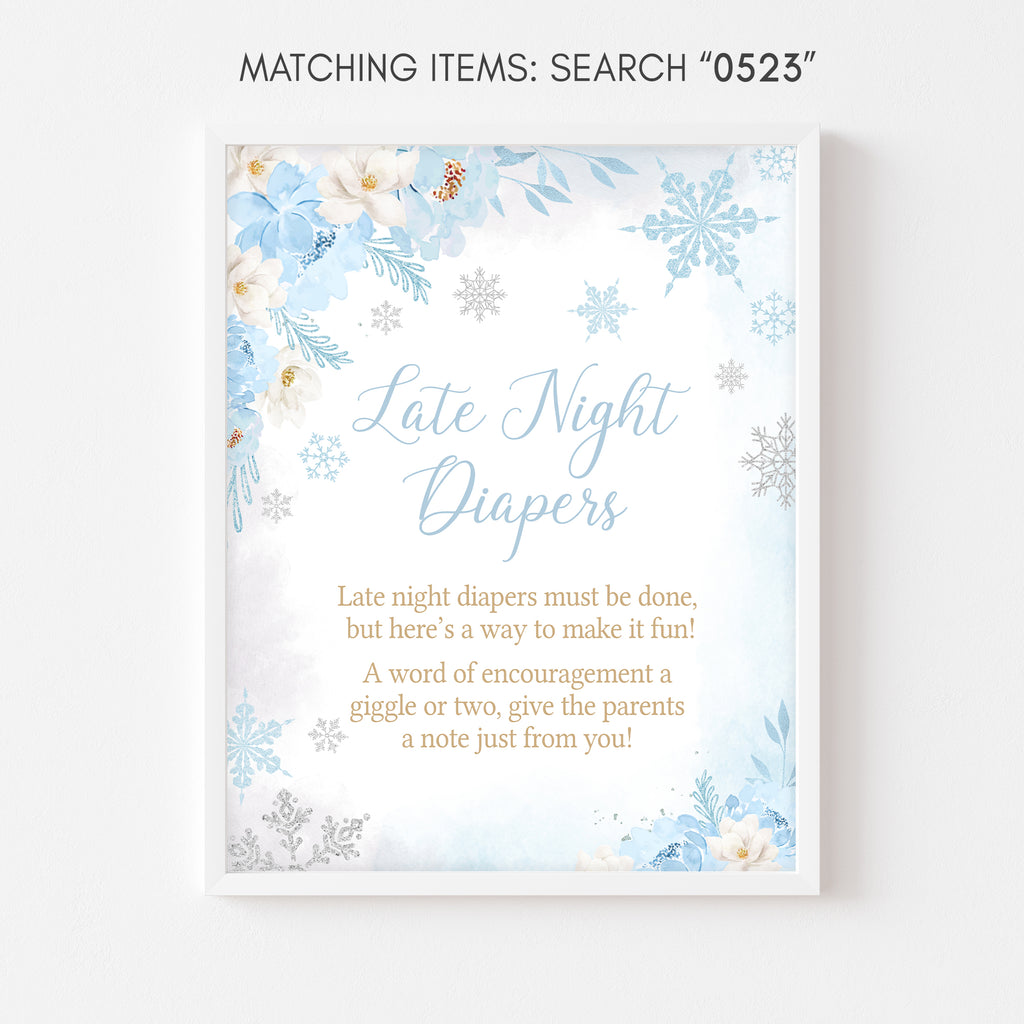 Blue A Little Snowflake Baby Shower Late Night Diapers Sign