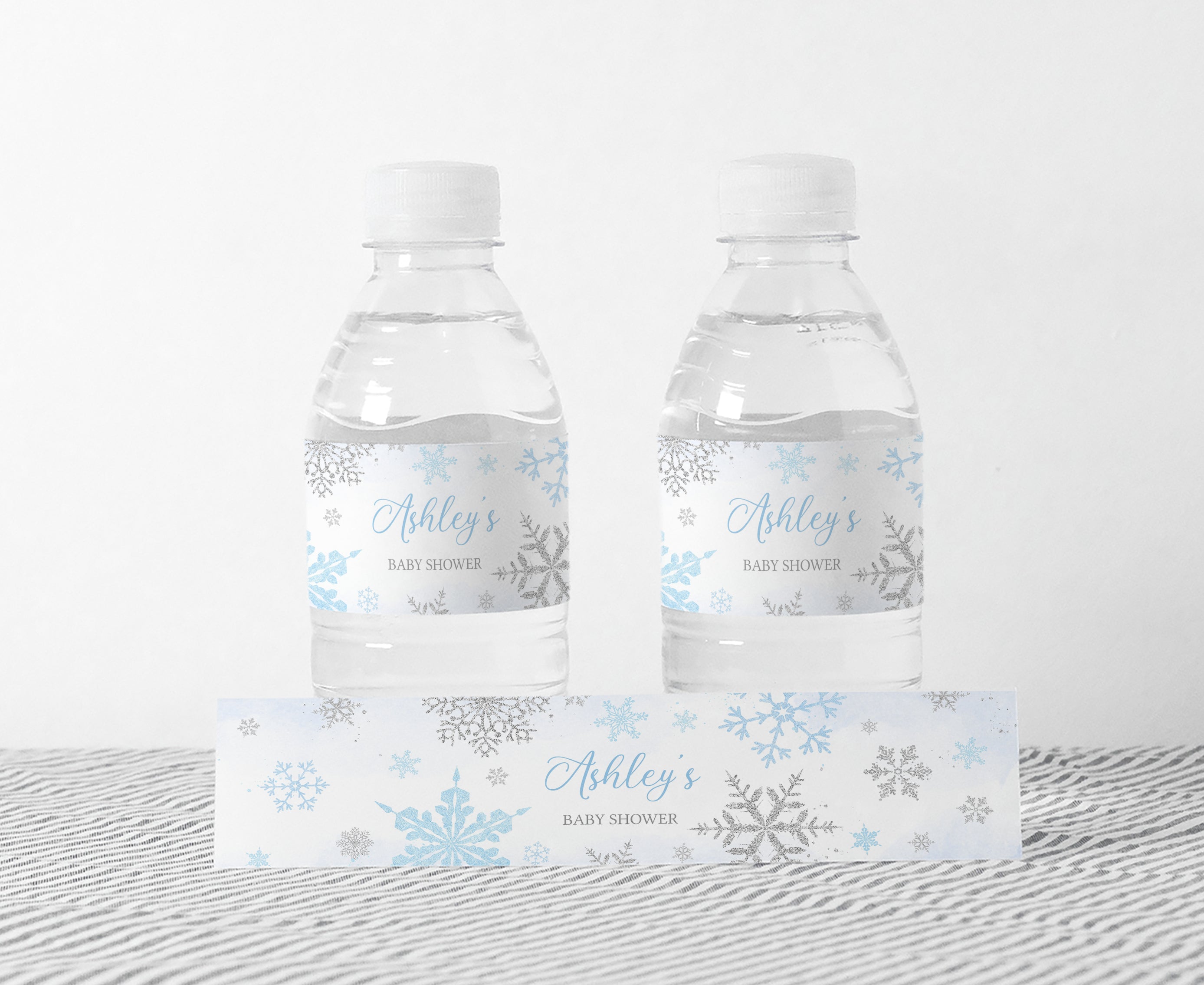 Editable Blue Snowflake Baby Shower Bottle Label – Cuddle Palette
