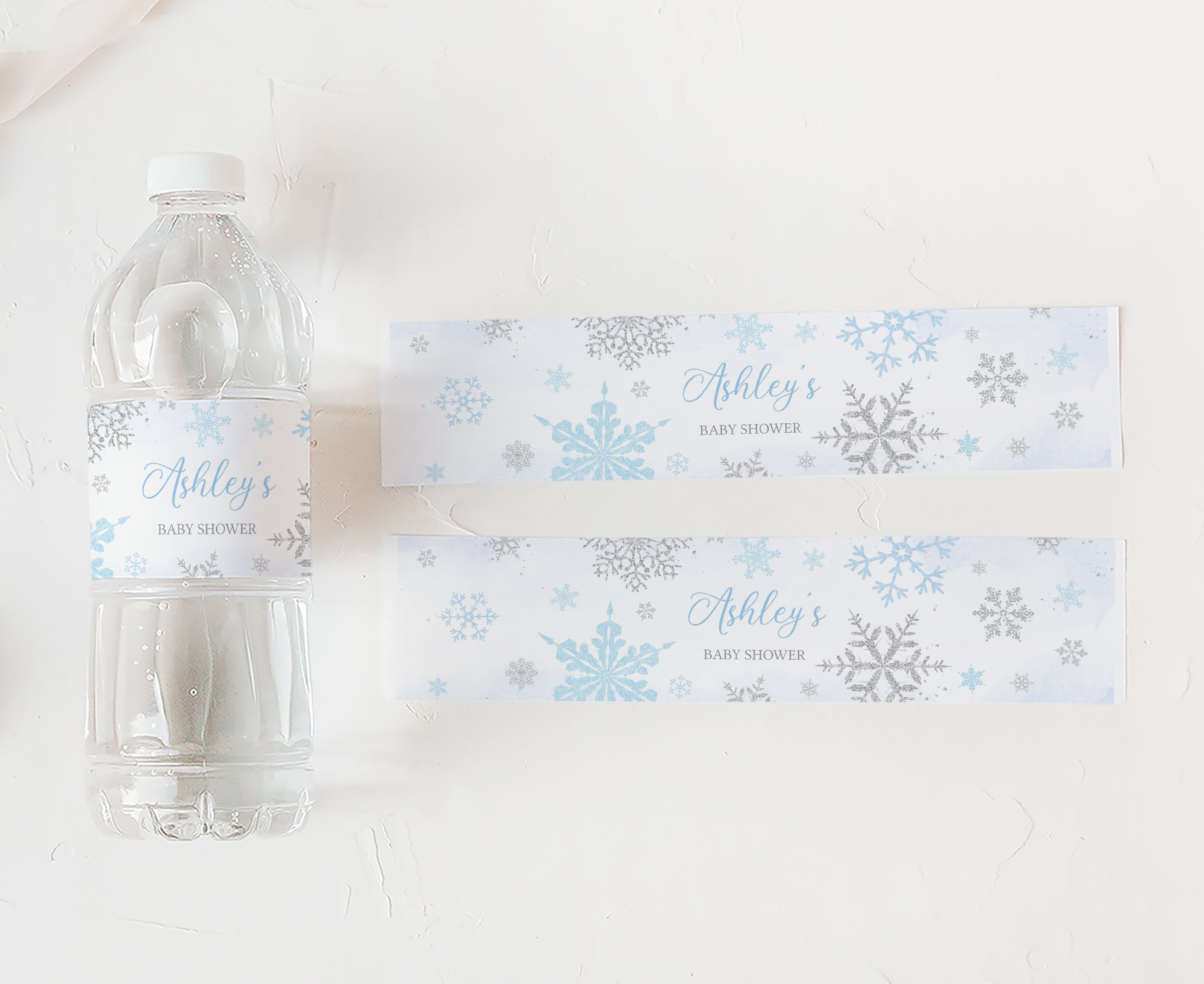Editable Blue Snowflake Baby Shower Bottle Label – Cuddle Palette