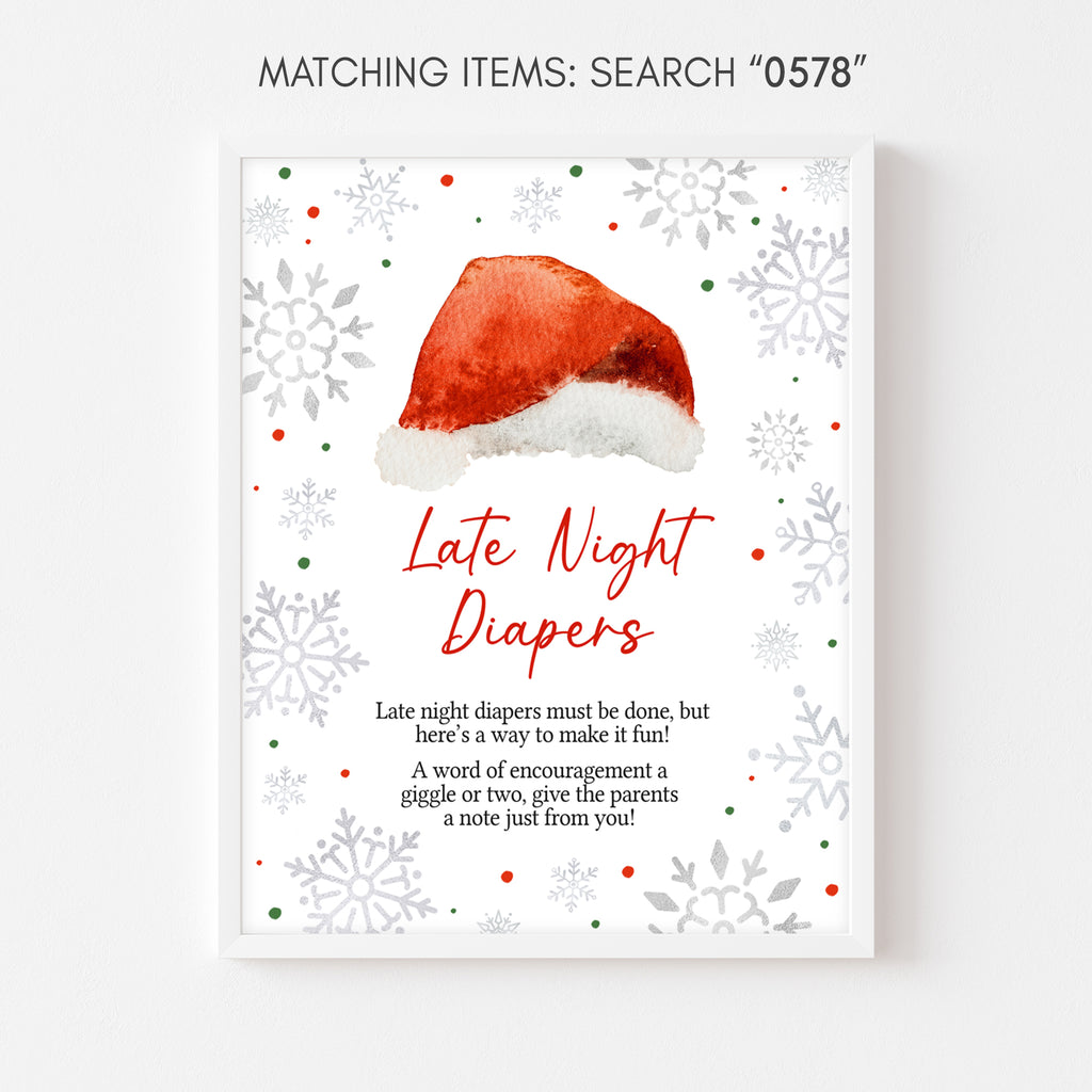 Holiday baby shower late night diapers sign with Santa hat and snowflakes, festive gender neutral printable décor