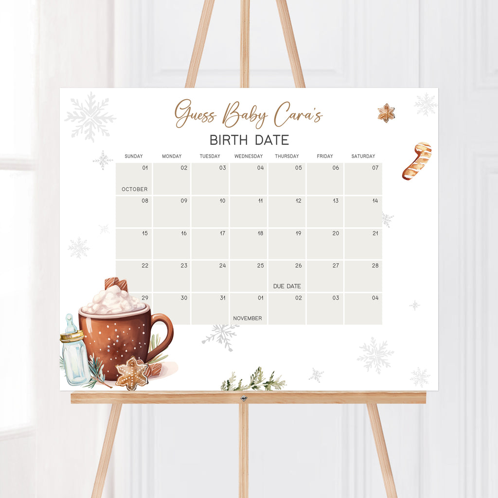 Gender neutral winter baby shower due date calendar with snowflakes and rustic holiday design
