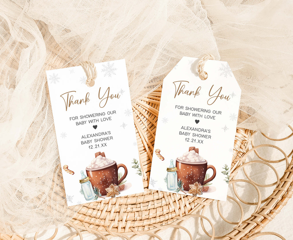 Cozy winter baby shower favor tags with snowflake and hot cocoa theme, neutral printable party decor