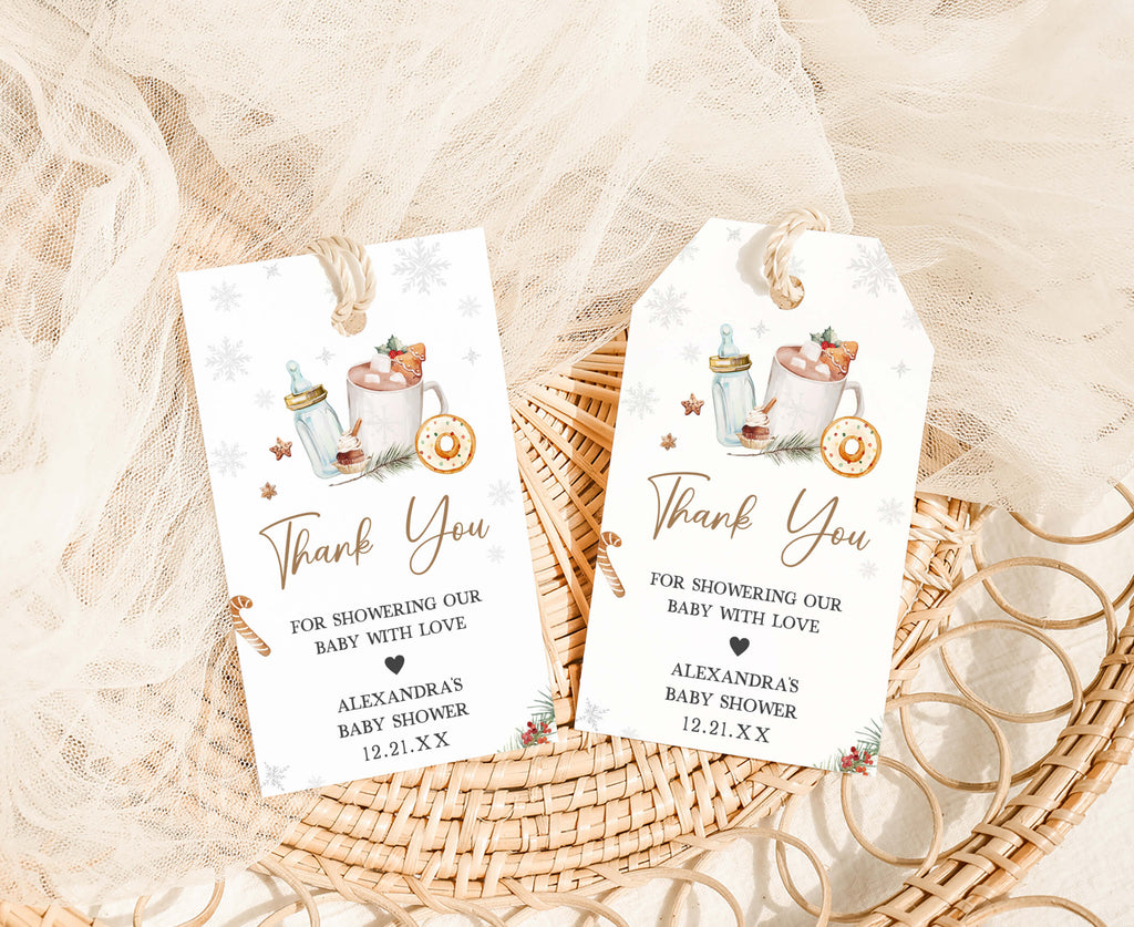 Snowflake baby shower favor tags, winter hot cocoa theme, neutral rustic design