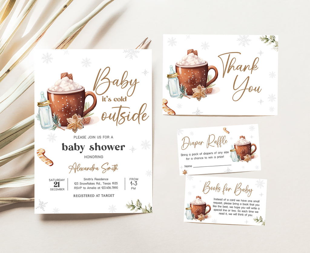 Baby it’s cold outside baby shower invitation set, gender neutral snowflake hot cocoa theme