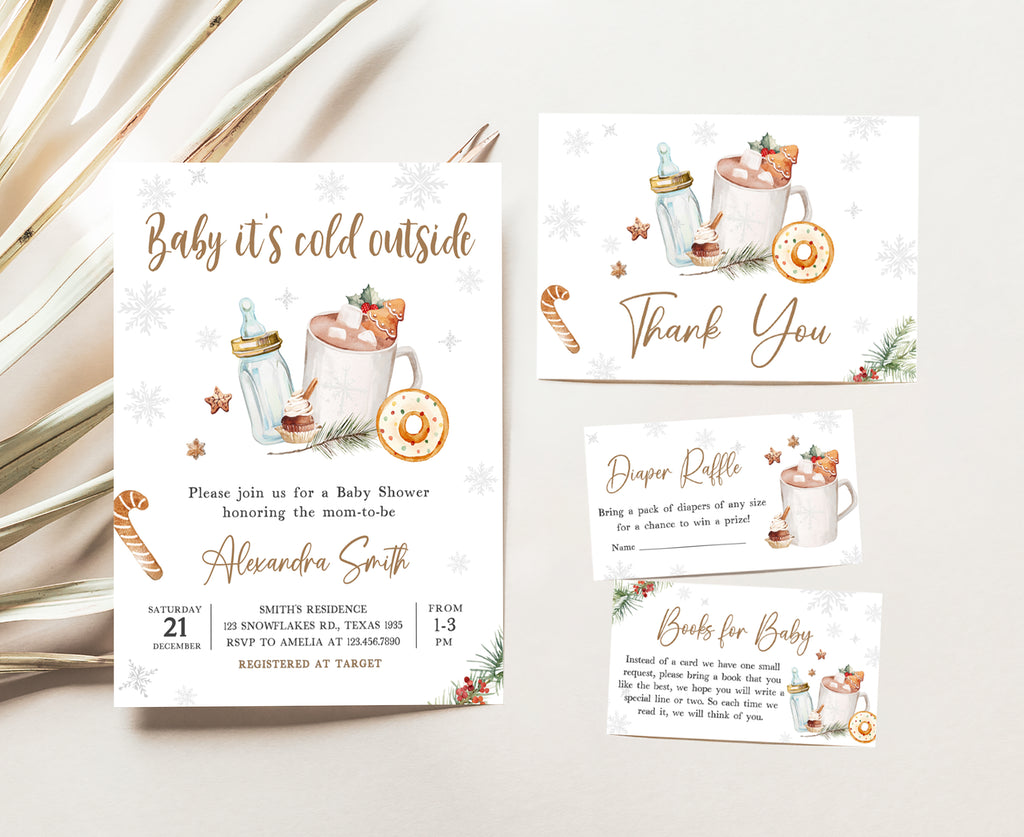Printable winter baby shower invitation set with snowflakes, rustic neutral hot chocolate design
