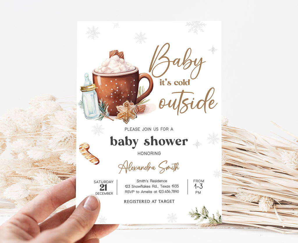 Printable “Baby It’s Cold Outside” baby shower invitation template, gender neutral winter hot cocoa baby shower invite design