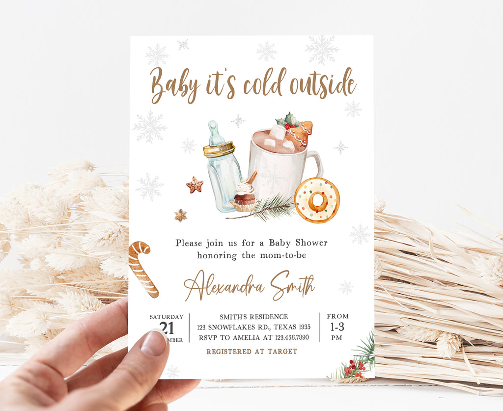 Printable winter baby shower invitation template gender neutral, Baby it’s cold outside baby shower invite with hot cocoa theme