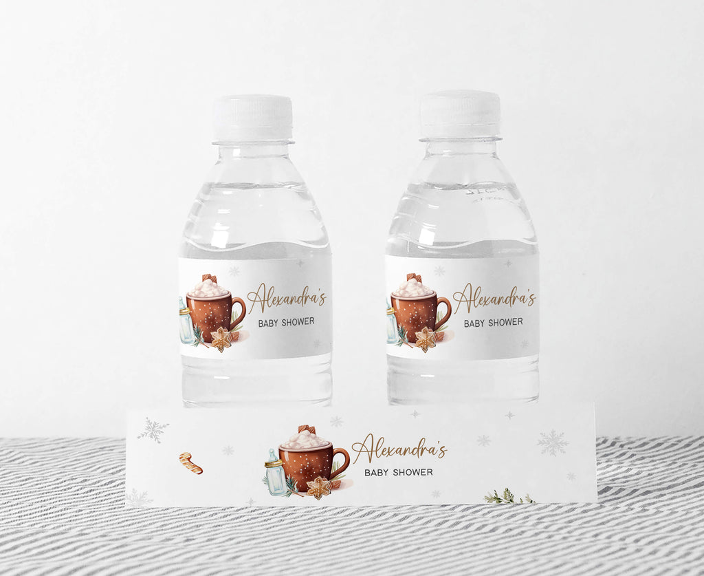 Winter baby shower bottle labels with snowflakes and hot cocoa theme, gender neutral printable decor