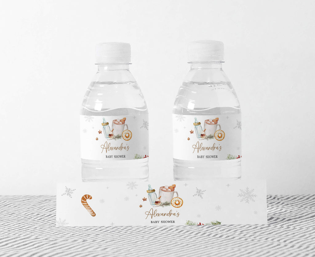 Winter baby shower bottle labels with snowflakes and hot cocoa theme, gender neutral design