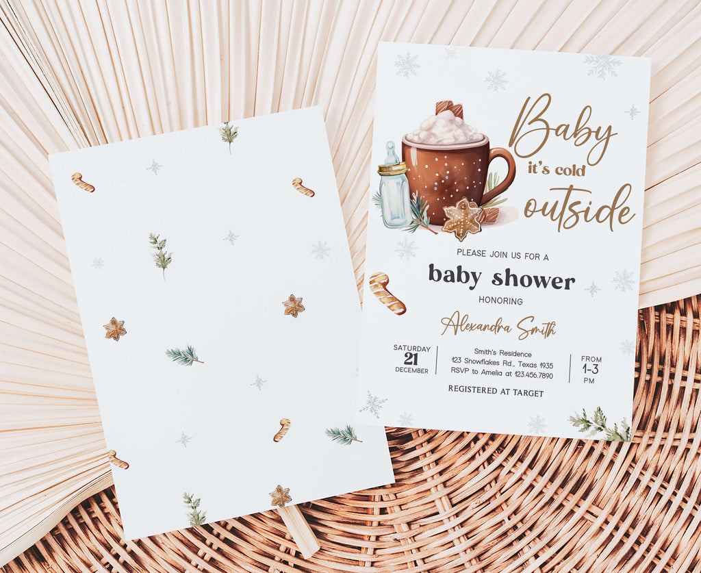 Rustic snowflake baby shower printable invitation for winter parties, editable cozy winter baby shower invitation for boy or girl