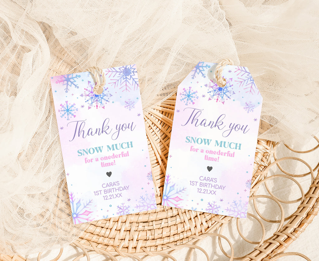Snowflake thank you tags for winter wonderland birthday party, printable winter Onederland favor labels in pastel design