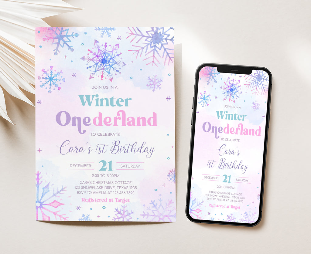 Pink and purple winter wonderland first birthday invite