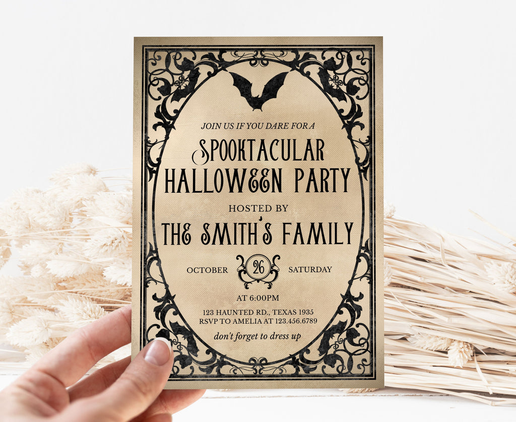Printable haunted house Halloween party invitation with ornate border