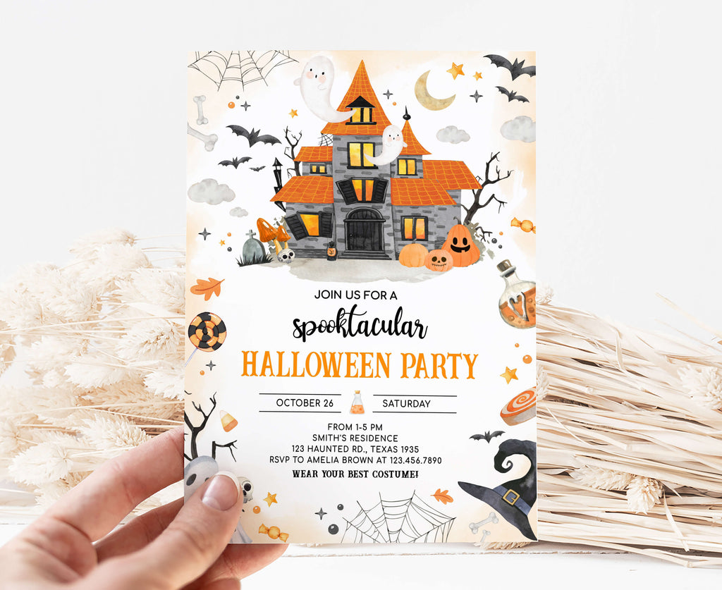 Haunted house Halloween party invitation with orange roof and ghosts