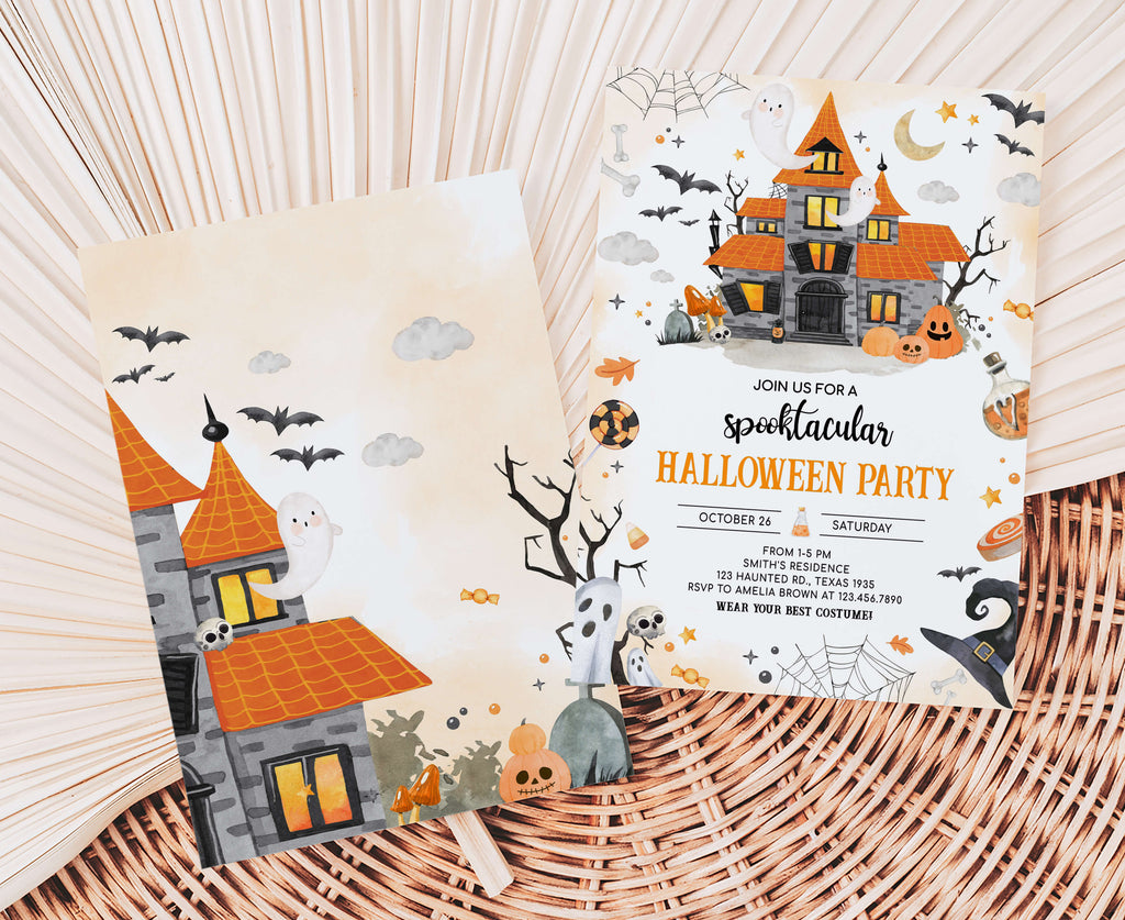 Cute pumpkin patch and candy-themed Halloween celebration card
