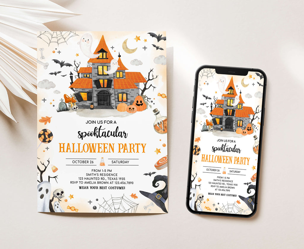 Witch hat and moonlit haunted house Halloween invitation