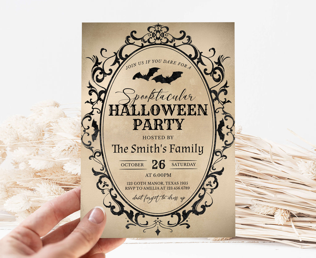 Editable elegant Halloween party invitation with bat design