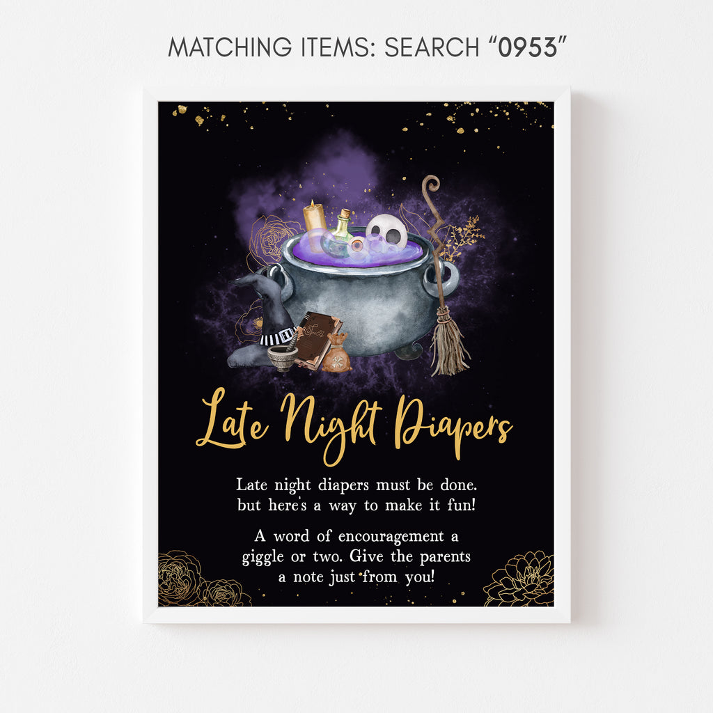 Halloween late night diapers sign with purple witch cauldron design