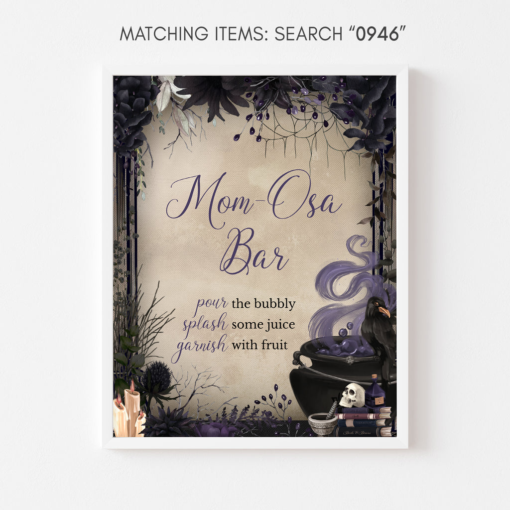 Spooky baby shower mom osa bar sign with gothic purple floral and cauldron design