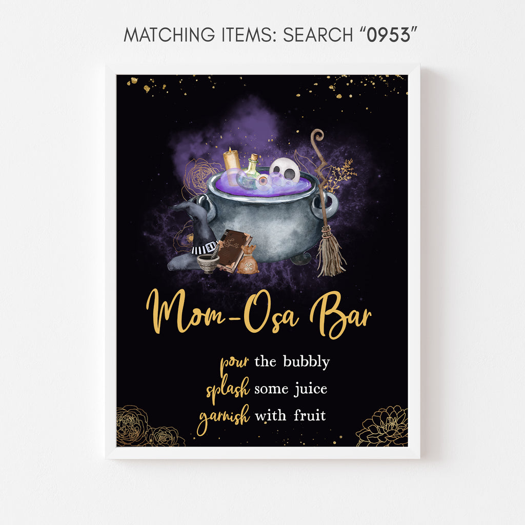 Witch-themed Halloween Mom Osa bar sign for spooky baby shower drinks