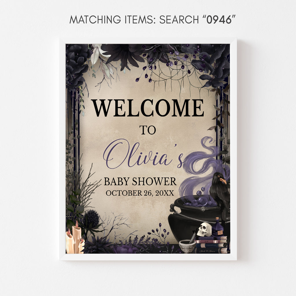 Spooky witchy baby shower welcome poster with crow and skull design