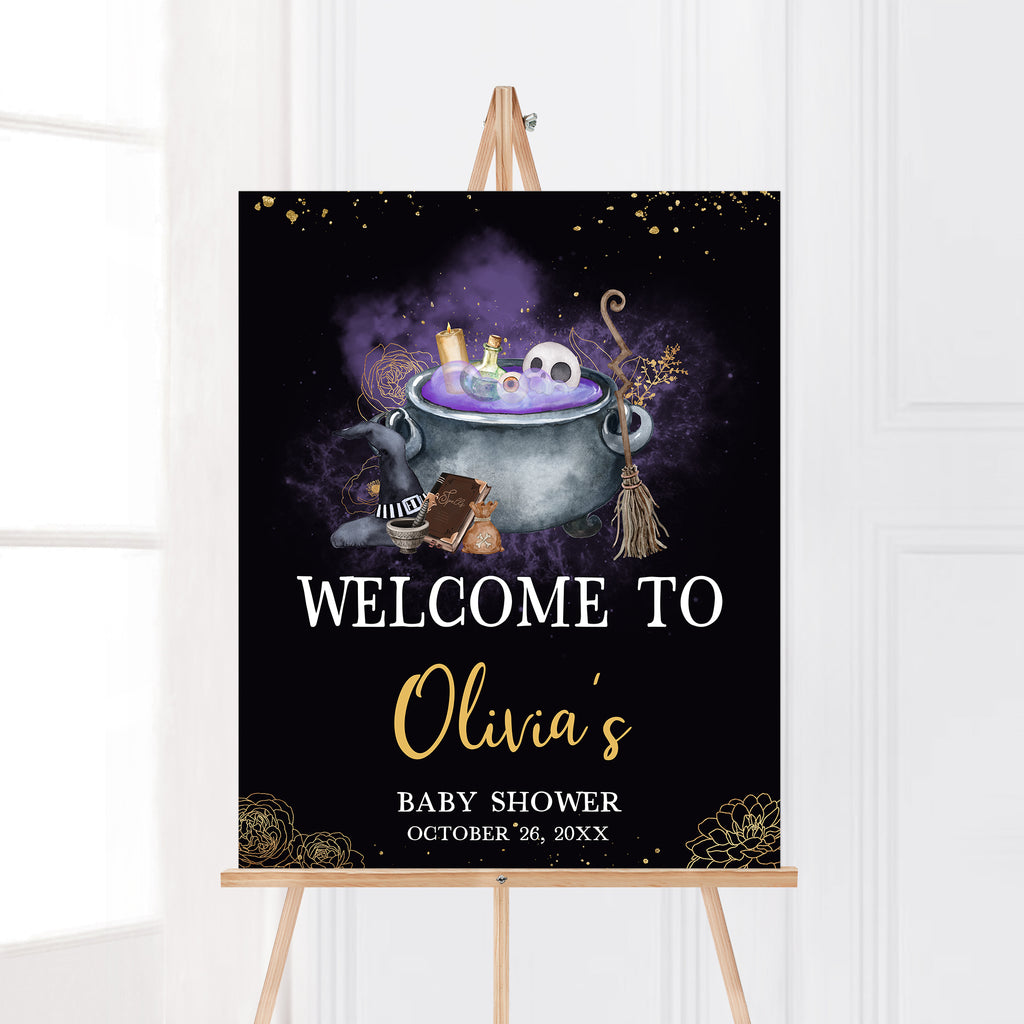 Halloween baby brewing welcome sign with witch cauldron design for spooky shower