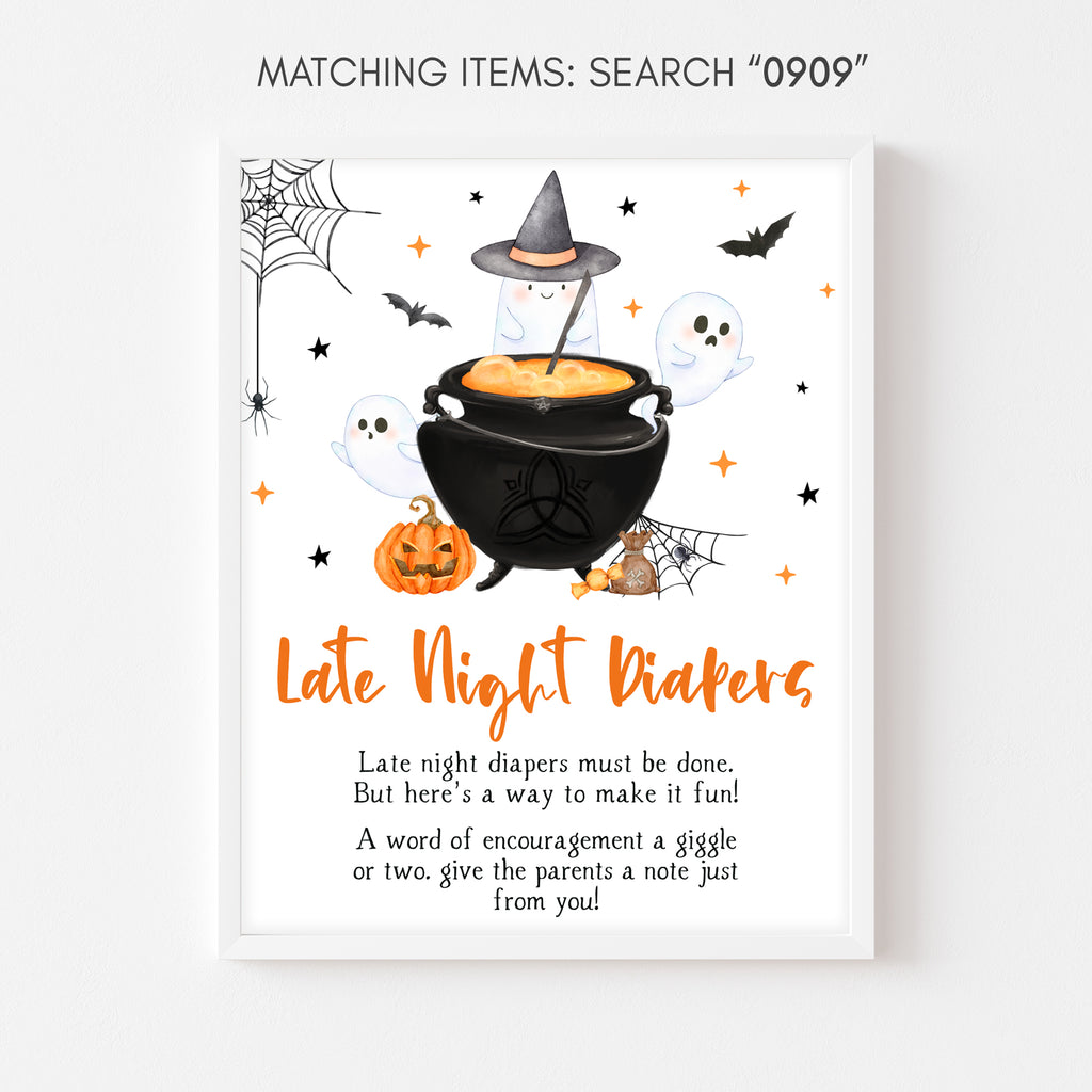 Halloween baby shower Late Night Diapers sign with pumpkin, ghost & cauldron – gender neutral autumn printable