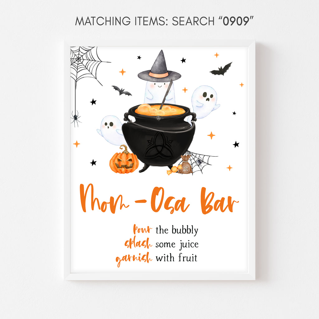 Halloween baby shower Mom-osa bar sign with pumpkins, ghosts & witch cauldron – gender neutral spooky party theme