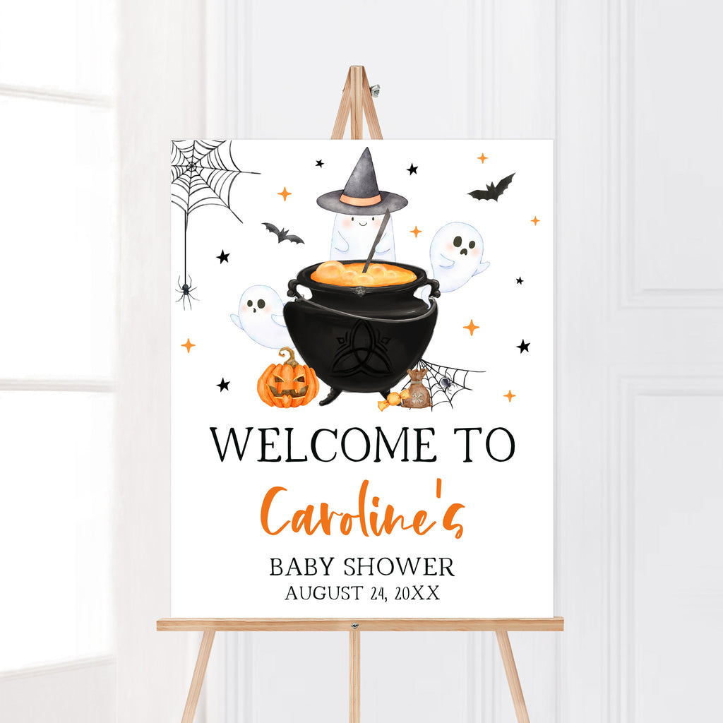 Halloween baby shower welcome sign with ghost, pumpkin & witch cauldron – gender neutral A Baby is Brewing design