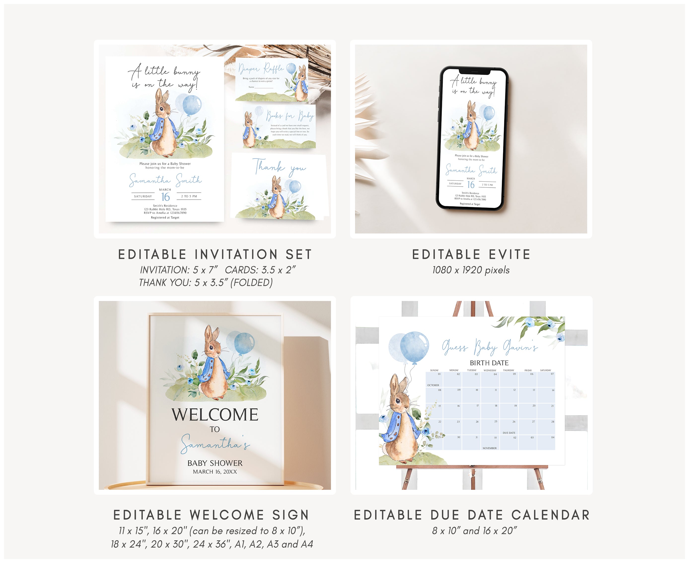 Peter Rabbit Picture Baby Blue Editable Blue Peter Rabbit Baby Shower Bundle – Cuddle Palette