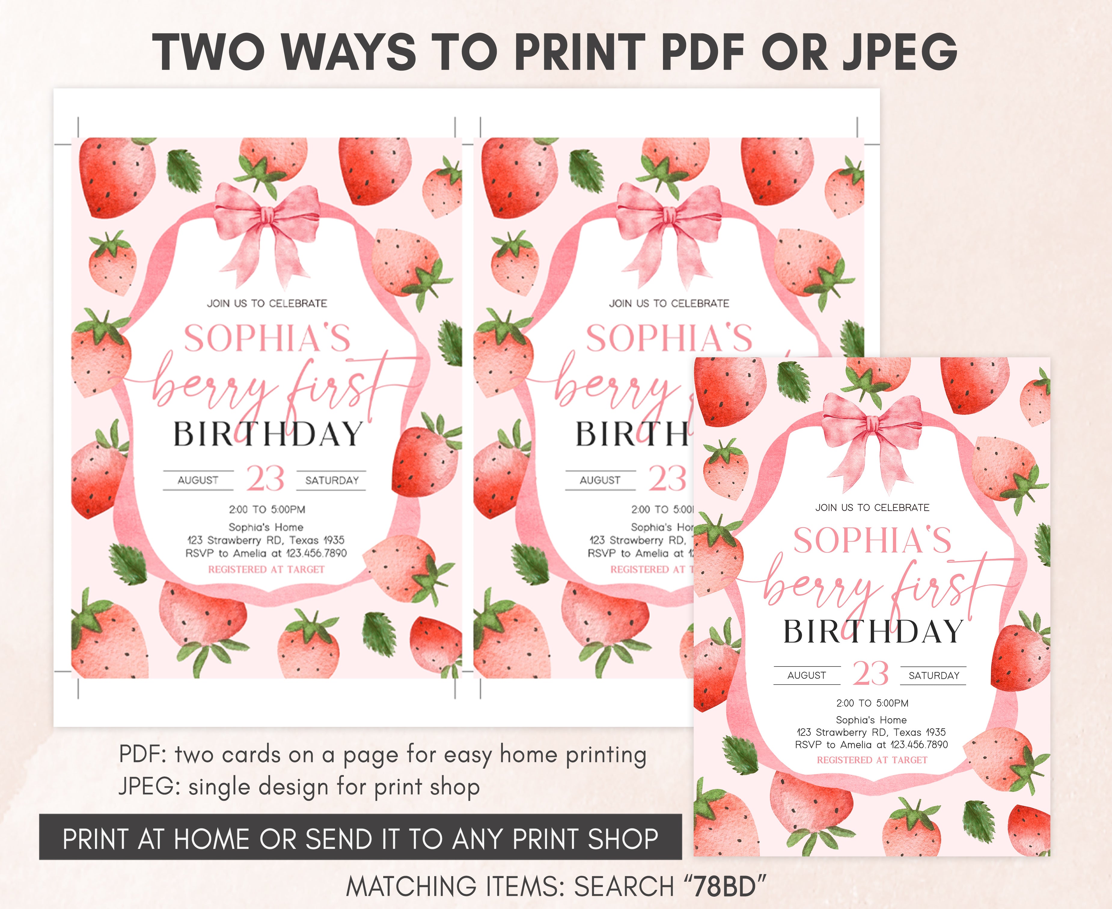 Editable Strawberry Birthday Party Invitation Cuddle Palette