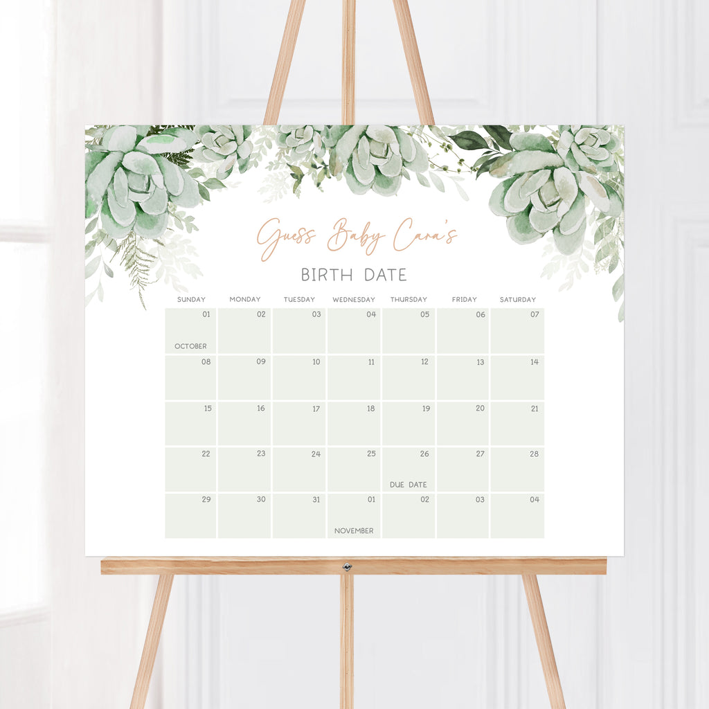 Succulent Baby in Bloom Baby Shower Due Date Calendar