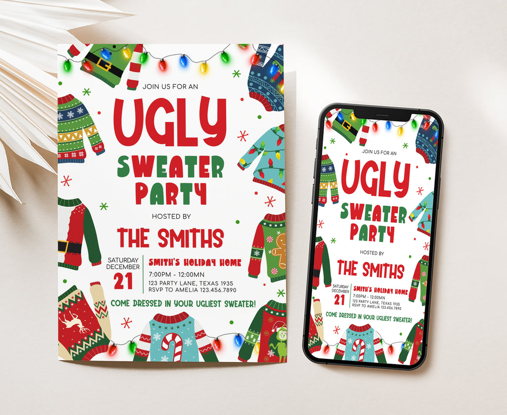 Funny Christmas invitation with festive sweater design