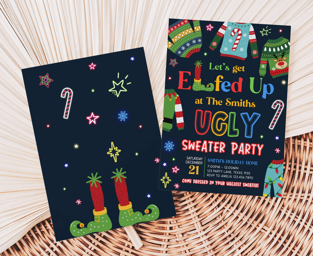 Funny editable holiday invitation with sweater design