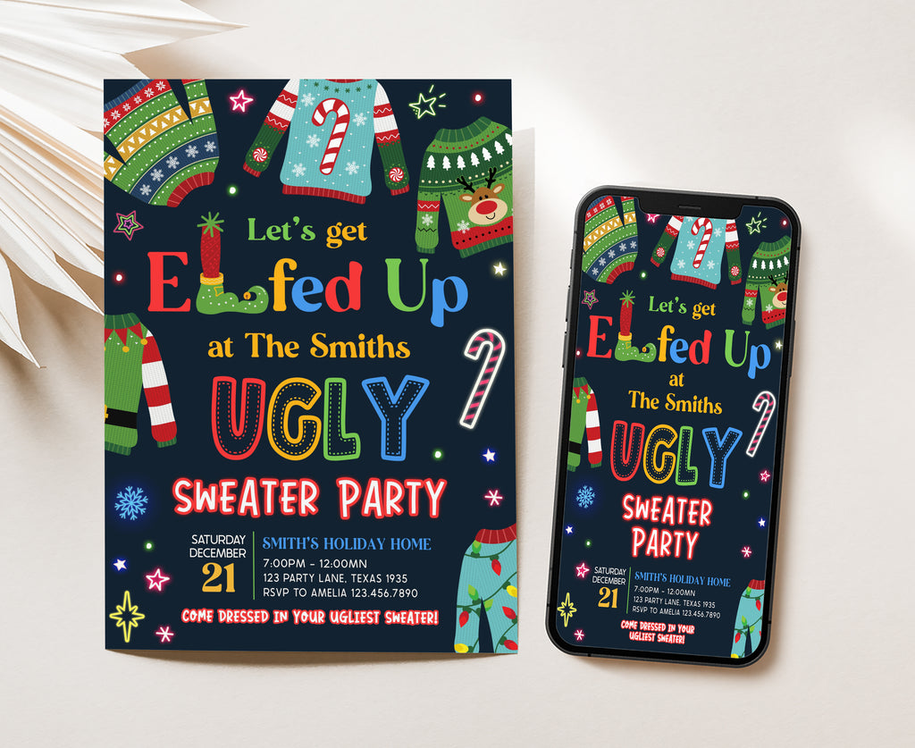 Festive Christmas lights and sweater themed invite