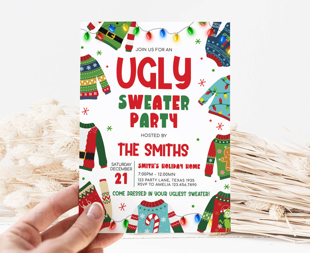 Printable ugly sweater Christmas party invitation template
