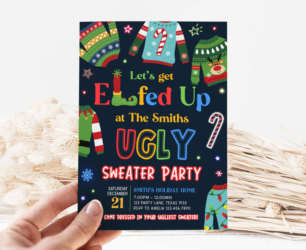 Printable ugly sweater Christmas party card template