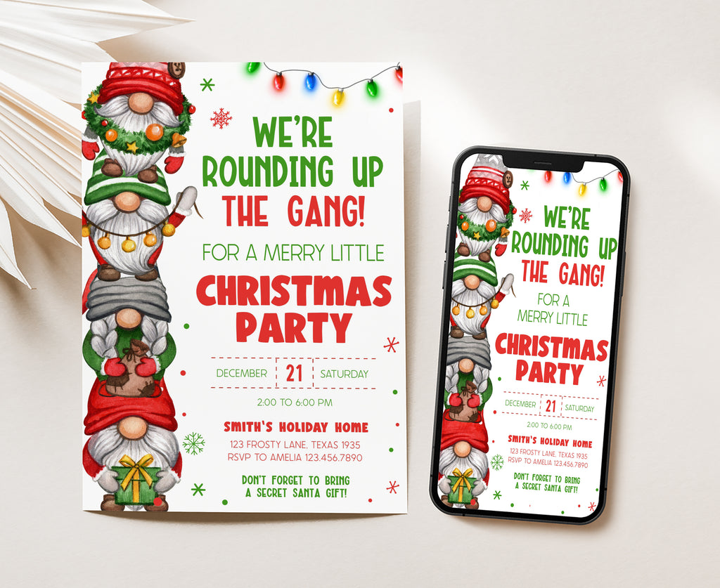 Whimsical watercolor Christmas gnome invitation template