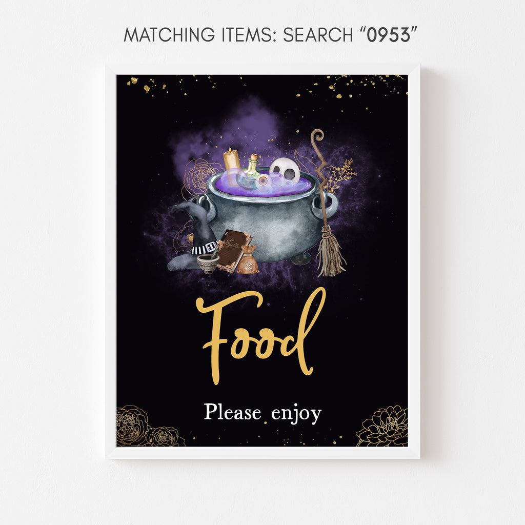Spooky Halloween food table sign with purple and gold witch theme