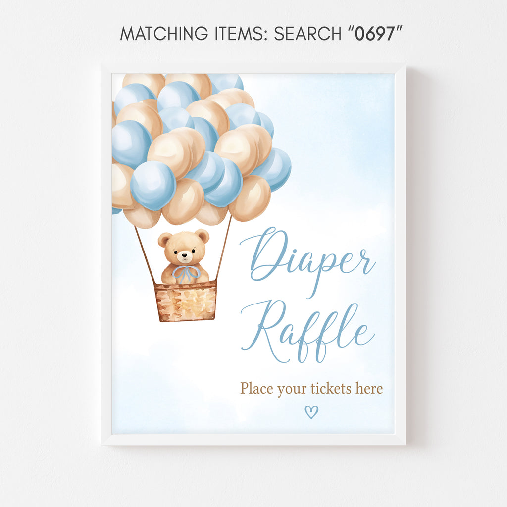 Boy Hot Air Balloon Bear Baby Shower Diaper Raffle Sign