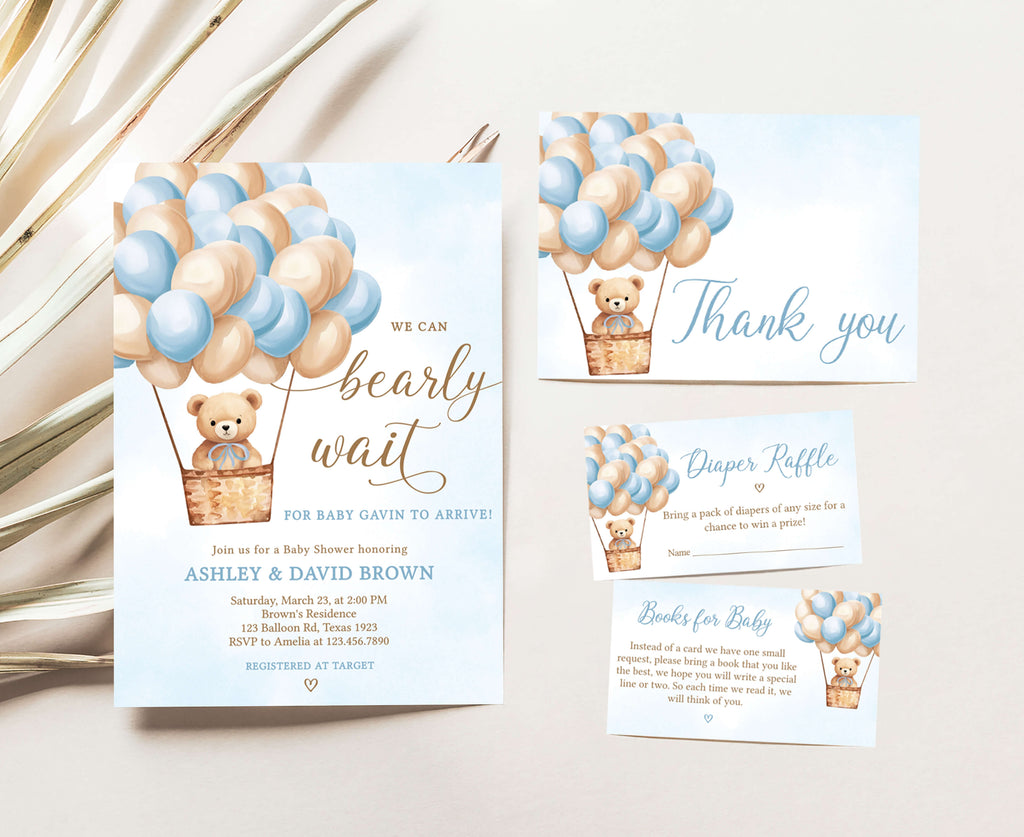 Boy Hot Air Balloon Bear Baby Shower Invitation Set