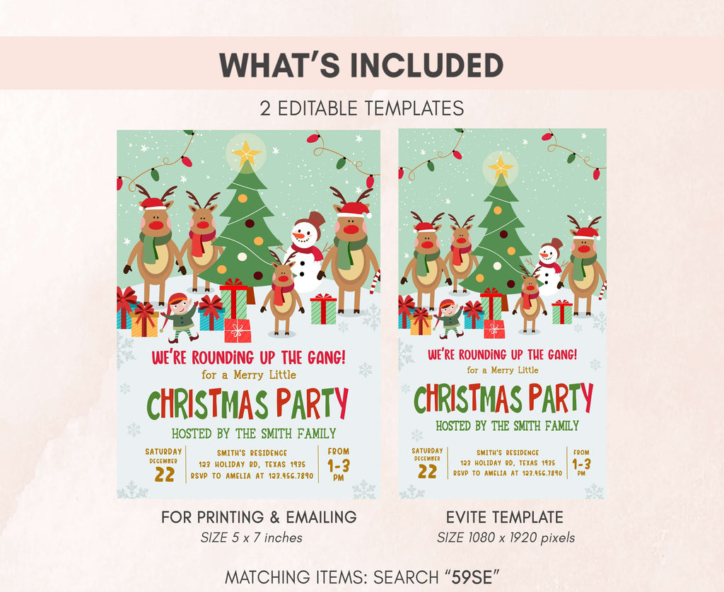 Printable holiday invitations with reindeer and Christmas tree theme