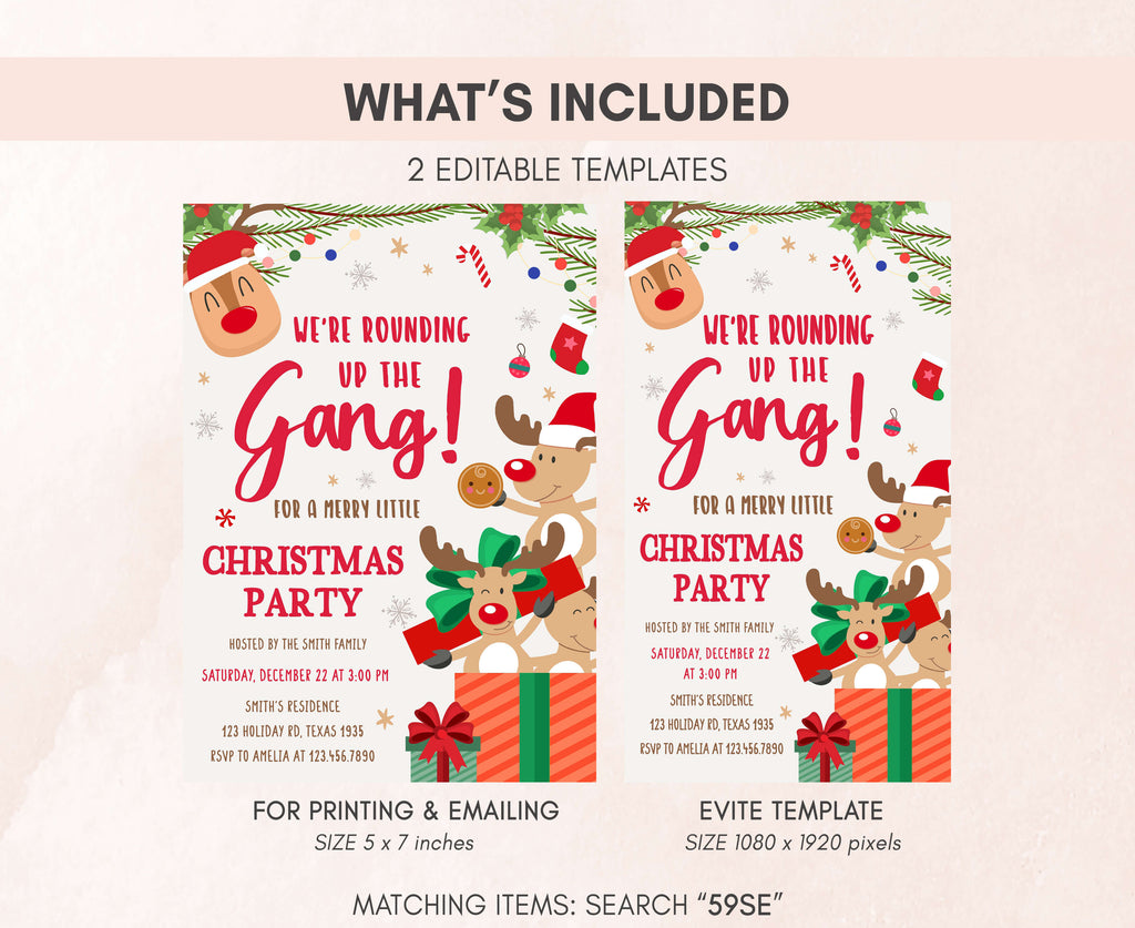Printable kids Christmas party invite with cartoon reindeer