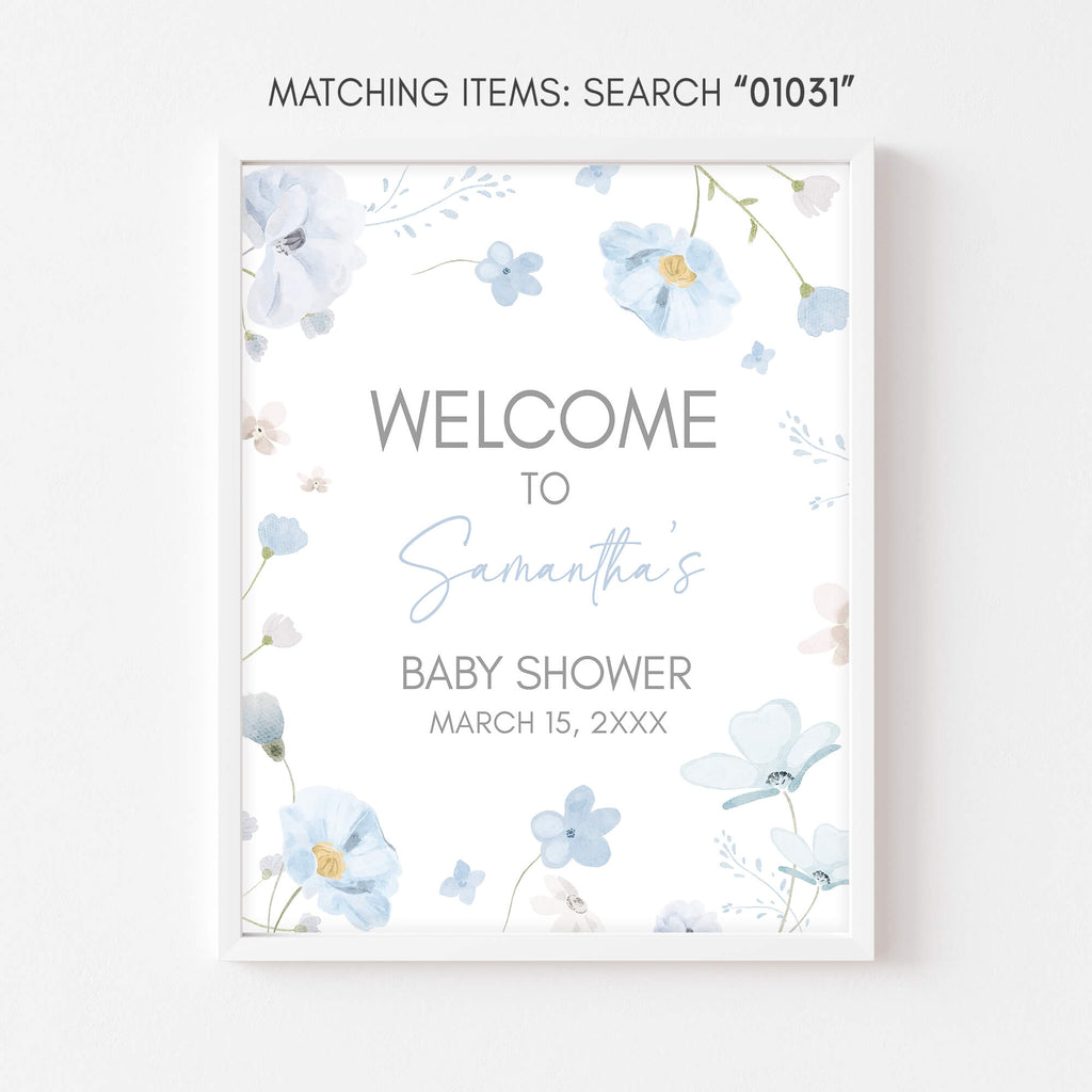 Blue floral baby shower boy welcome sign matching spring baby in bloom set