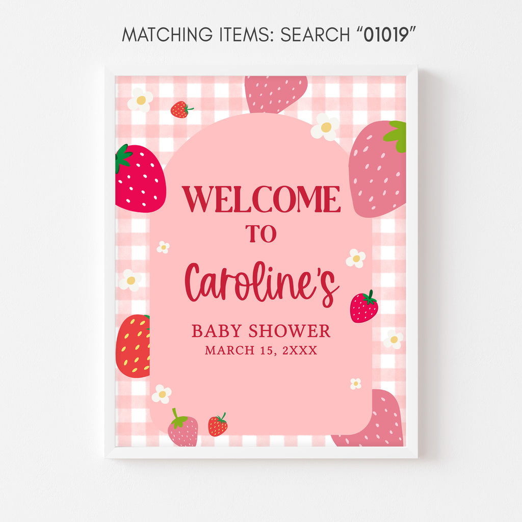 Baby shower welcome poster with strawberry design on a pink background